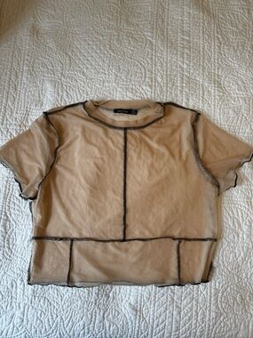 Boohoo Beige Sheer Crop Top with Black Contrast Stitching